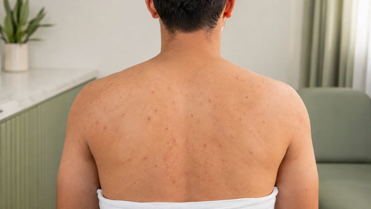 Ilustração de acne e marcas discretas na parte superior das costas de um homem adulto.